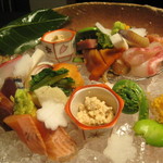 しのはら - 向付　赤貝、本ミル貝、大間鮪、ビワマス、鯛昆布締め、タイラギ、鰹他