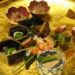 しのはら - 八寸　水蛸煮、フォアグラ羹、甘エビと生湯葉、揚げ大徳寺麩、庄内麩黄身酢射込など