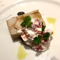 リストランテ ラ・バリック トウキョウ - 冷前菜〜里芋のテリーヌ 車エビとトマト、リコッタチーズのタルタル添え
