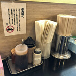 Hiroshima Tsukemen Hompo Bakudan Ya - カウンター上。割り箸の隣りは、紙エプロン。