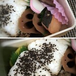 Musubi Musashi - ＊おむすびはいいお米を使用され、冷めても美味しい。 ＊蓮根や人参などの煮物は、お味が浸みています。