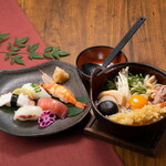 Minetora - 人気の鍋焼きうどんと寿司のボリューム満点のセットです。