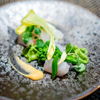 しまなみふれんち Murakami - コチと石鯛のカルパッチョ、 海老のお出汁を煮詰めてマヨネーズと和えたソース、 菜の花とバジルのエスプーマ