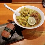 麺屋 六感堂 - 蕗の薹味噌のスパムおにぎり＋蕗の薹味噌ラーメン＋蕗の薹天増し