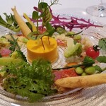 Cuisine Francaise Le Triskel - ②公魚のベニエ、人参のブランマンジェ、20種類のハーブ&野菜、ワインビネガー掛け
                        ロマネスコ・カリフラワー、アイスプラント、シーアスパラ、レッドソレルに加えて豆4種、野菜6種、ハーブ6種
                        華やかです♪