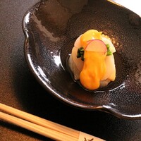馳走 きむら - 前菜はホタテと寒中タケノコの黄身酢あん