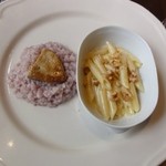 トラットリア・アルベロ - ゴルゴンゾーラチーズのクリームソー・くるみがけ・ペンネ、赤ワインベース・フォアグラのソテー添え・リゾット(＋300円）