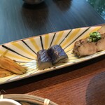 HOSHINOYA Guguan - 金針菜のおひたし・揚げ茄子 花山椒・客家風焼豚