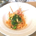 La Brianza - スカンピ海老と菜花のタリアテッレ  トマトクリームソース。殻付きだと余すところなく味わえますね～ 脚部分など吸い付きで食べちゃいます。自家製麺のタリアテッレソースと菜花との絡みよく、色合いまで春めいて