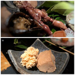 大どころ - ＊ホタルイカの串焼き・・焼くことで甘味が増します。 ＊鯛の真子と肝・・真子大好きな私には嬉しい品。