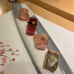 割烹 一楓 - お造り：黒むつ　鰆　太刀魚　本マグロ 黒むつが好み。ここで日本酒に。