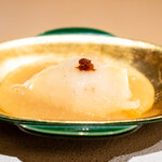 たきや - 河豚の白子の天ぷら 聖護院蕪と柚子の餡掛け、 柚子胡椒一味唐辛子