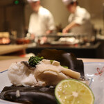 銀座 結絆 - 平目の松前蒸し　ポン酢　チーマディラーバ白舞茸