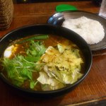 SAMA - 【2012年04月】キーマ納豆カリー（辛さ３、ライス普通、スープ大盛、トマトスープ、焦がしキャベチーズ）