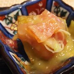 玄海鮨 - ナスの田楽風には  白髪ネギとベーコンを合わせる