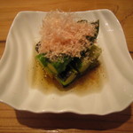 蕎麦 案山子 - 旬菜「あすぱらの焼浸し」