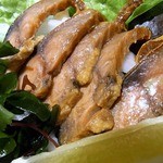 焼鳥・元気 - 福井産へしこ５８０円です。 最近、色んな居酒屋さんで見かける へしこ です。 へしこは、日本海で獲れた魚を米糠に漬け込んで長期熟成させた保存食なんですよ。 血圧抑制効果がある食べ物です。 そして、美肌