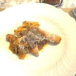 La Brianza - 近江牛テール煮込みマファルデ。テール煮込みほどけるし、ホワイトアスパラガスのフリットとヤングコーンがシャクシャク歯触りで歯触りも楽しめる。いつもすごく美味しくて、どうしましょう(≧∇≦)bってなります