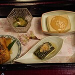 うかい鳥山 - 焼竹の子　蕨お浸し　さく酢味噌　焼胡麻豆腐