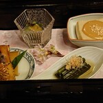 うかい鳥山 - 焼竹の子　蕨お浸し　さく酢味噌　焼胡麻豆腐