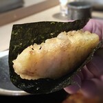 菊鮨 - 合馬の筍の天ぷら、海苔は今年の入札で最高値の品だそう。