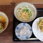 なかむら - 釜玉うどん(小)(290円)/かけうどん(小)(230円)/おにぎり(90円)/野菜のかき揚げ(110円)