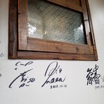 トラットリア ピッツェリア polipo - 1階奥のテーブル席 壁にはサインが色々