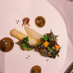 ASAHINA Gastronome - ホワイトアスパラガス、蛍烏賊のクーリ、タピオカのチュイル
