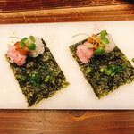 炭火とワイン 京都駅前店 - 河内鴨ネギトロ＆生雲丹寿司