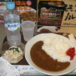 梅田カレーコレクション 2nd - 甲子園カレー（辛口・2食入） 525円　　イートイン ご飯セット（ライス250g・福神漬け・ミネラルウォーター） 300円　　コールスローサラダ 148円