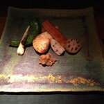 大どころ - 鰆と糸島野菜　手前にカラスミと自家製のお味噌も