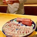 銀座 しのはら - 向付の明石の真鯛と塩釜の本鮪。
