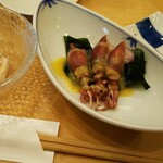 築地寿司清 - 白身魚の煮こごり、ホタルイカの酢味噌和え、えんがわのお造り