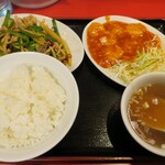 中華 珍来麺工房 - ・「2品定食 牛肉辛子炒め＆海老チリ(¥750)」