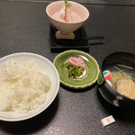 Gion Fukuzumi - ご飯、蛤のお吸い物、漬物とデザート