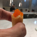 Pluie dete - ガストロパックした平目と竹の子をライムと葱油でマリネ、トビコガトッピングですよー