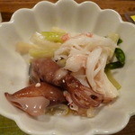 小料理 おばんです - お通し（ホタルイカ、カニ、セロリの塩麹和え）2012.5月
