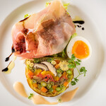 Vegetable terrine with Prosciutto and soft-boiled egg