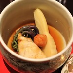 銀座 杉もと - 焼き河豚　穂付き筍　蕎麦がき　蕨　そばつゆあん