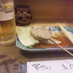 鳥徳 - レンコンの肉詰めとサッポロ生ビール