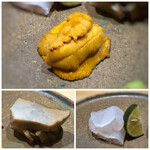 鮨 さかい - ＊阿久根（鹿児島）の雲丹は有名ですし「三郎雲丹」は最高級品。甘味・旨みが全く違います。これを頂けるのは嬉しい。 ＊鮃・・噛むと旨みを感じます。 ＊鮑・・絶妙の蒸し加減で美味しいこと。