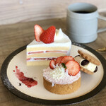 ミネロワ - 古都華のショートケーキ、桜のレアチーズタルト、レーズンバターサンド、ホットコーヒー