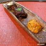 御料理 寺沢 - 自家製 塩海胆､鰻山椒煮､鰯のｶﾚｰ煮