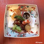御料理 寺沢 - 一寸豆､蛍烏賊燻製､帆立稚貝酒粕漬､北上牛ﾛｰｽﾄﾋﾞｰﾌ､車海老旨煮､喜知次焼､ｺｺﾞﾐ､赤海鼠