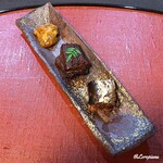 御料理 寺沢 - 自家製 塩海胆､鰻山椒煮､鰯のｶﾚｰ煮