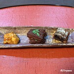 御料理 寺沢 - 自家製 塩海胆､鰻山椒煮､鰯のｶﾚｰ煮