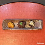 御料理 寺沢 - 自家製 塩海胆､鰻山椒煮､鰯のｶﾚｰ煮