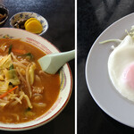 満福屋 - みそラーメンはピリ辛。スープと一緒に煮るタイプな野菜の甘味が優しい。そして刮目せよ！この目玉焼きの、非の打ちどころがない焼き具合を・・・