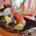 食べるお宿 浜の湯 - 舟盛りの甘えび＆鯵のタタキ