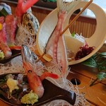食べるお宿 浜の湯 - 舟盛りの甘えび＆鯵のタタキ
